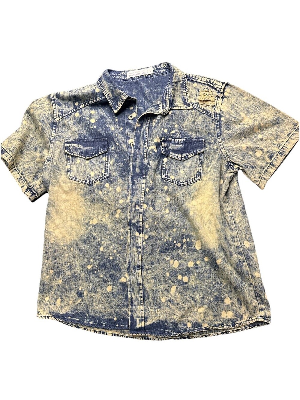 Acid Wash Denim Shirt Distressed Grunge Y2K Short Sleeve Button Up L